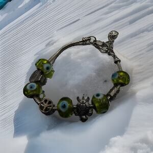 Evil Eye Turkish Greek Bead Charm Bracelet - Turtle Peace Sign Shell Cat